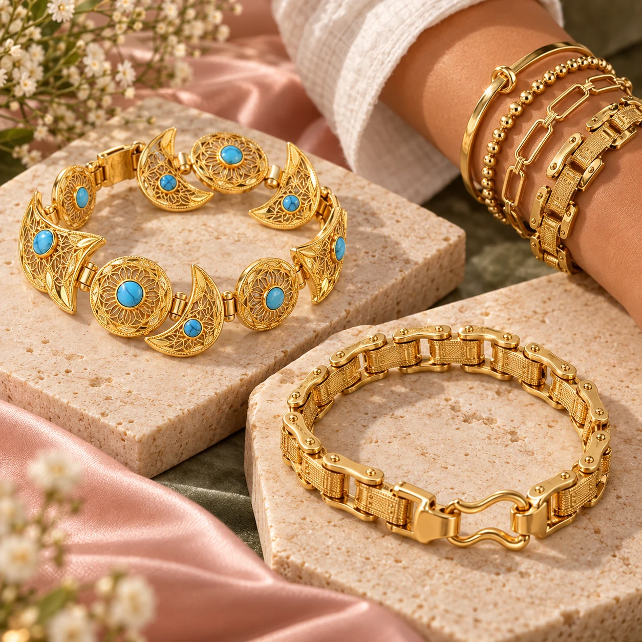 Amoura inspiration: detailed gold-tone bracelets styled on warm stone
